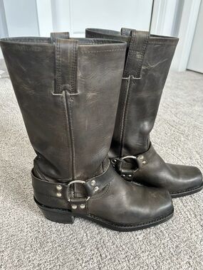 Frye Black Harness Mid-Calf Leather Heeled Boots